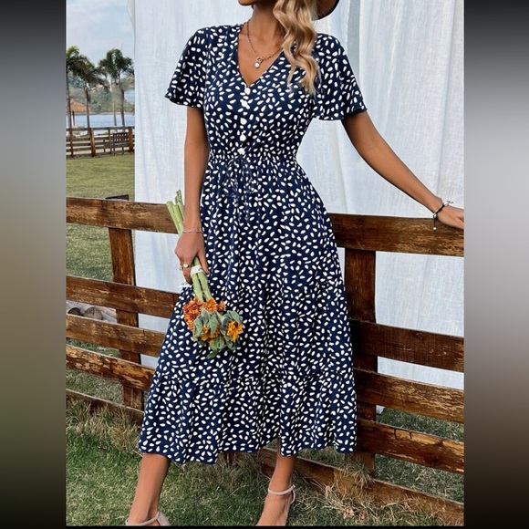 Boho Dalmatian print tie waist ruffle hem dress - Picture 4 of 6